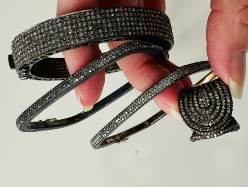 Gunmetal Gray Rhinestone Bangle & Square Bracelets with Matching Ring